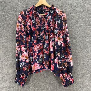 Attitude Blouse Women XL Blue Floral V-Neck Tasseled Long Sleeve Pullover Casual
